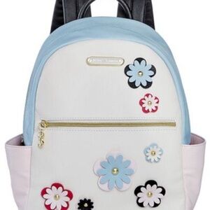 Betsey Johnson BluePink Faux Pebbled Leather Backpack Flower 12" x 12" Zip NWOT